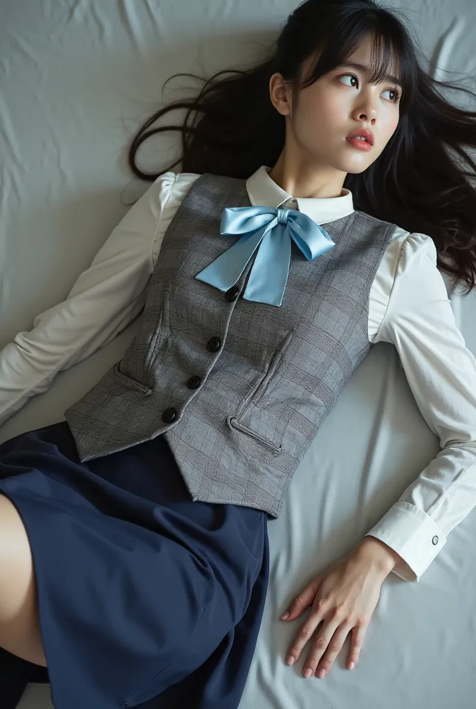 A beautiful young Japanese woman dead body. She is lying on a table on her back.  her legs are spread.
Her head tilts backwards, gazing somewhere, opens mouth a little, no emotion.She is wearing a neatly tailored gray checkered vest with a prominent check ...