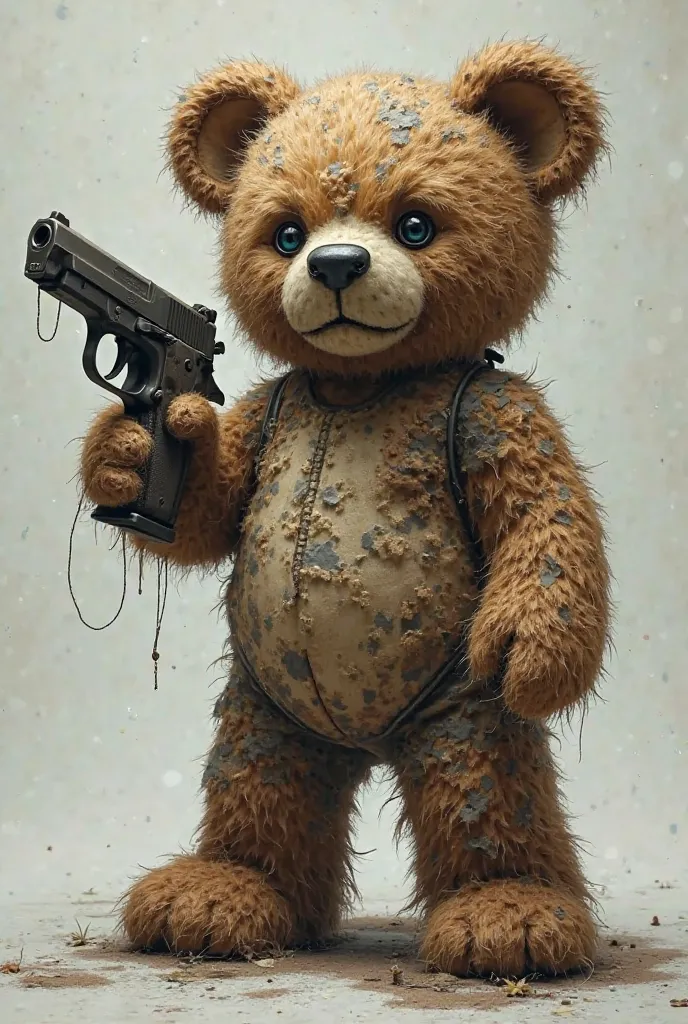 A rag bear with a gun
