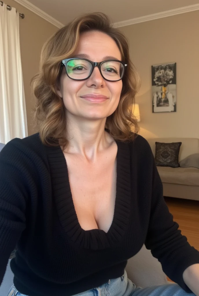 (woman 50 years old with glasses) mature woman, granny, short wavy brown hair, black glasses, cleavage, huge tits, wrinkled tits, wrinkled face, wrinled body , wrinkled skin, natural pose, smile, big bimbo lips, (frontal shot), natural pose, photo taken fr...