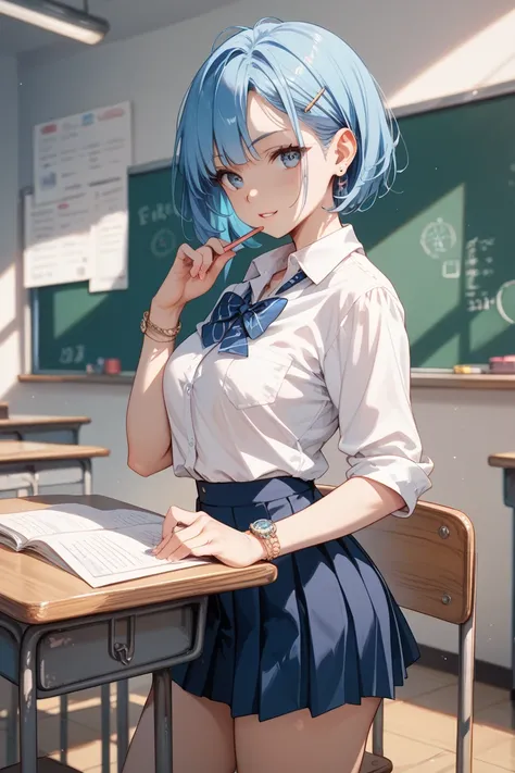 Shaved schoolgirl with blue hair and bob。Being raped in the classroom。