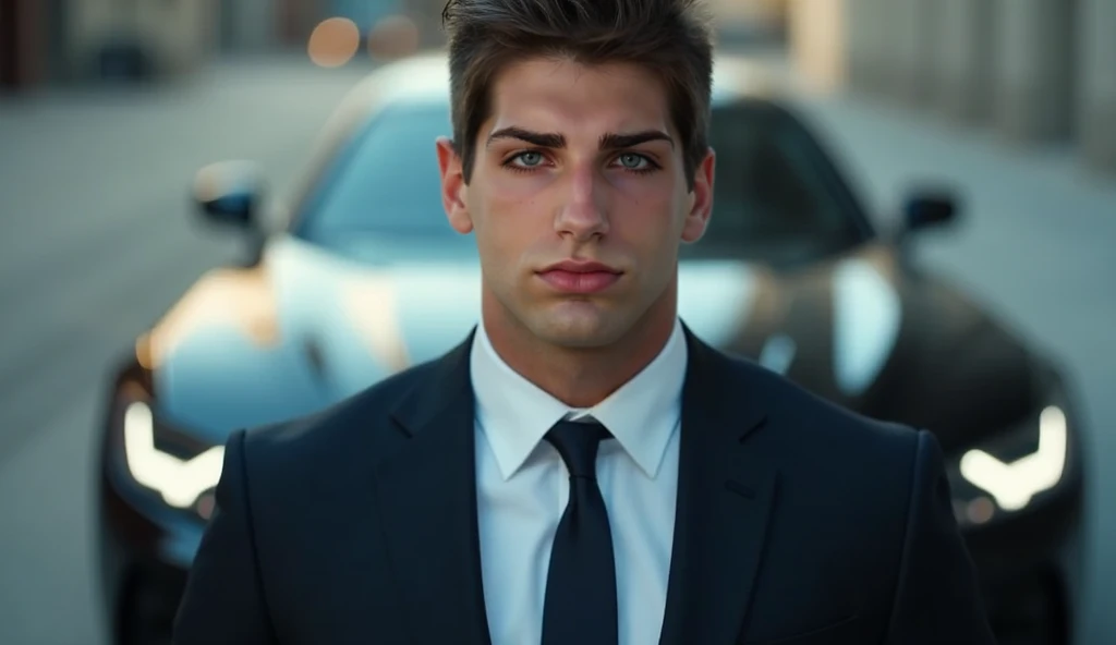 a close up of a man in a suit and tie, 4k resolution. wide shot full wide shot . car background 