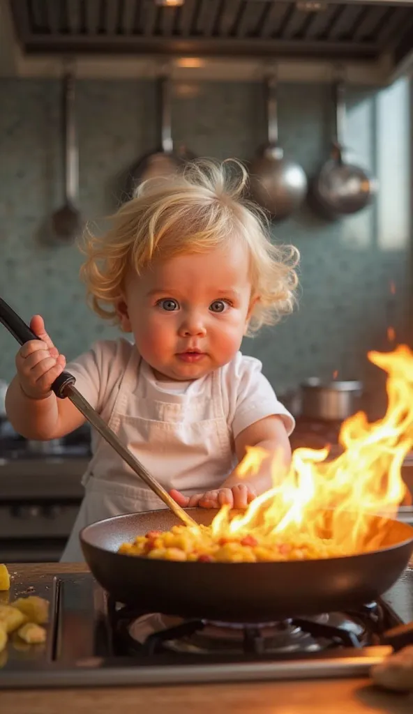 “A baby with blond hair and fluffy,  with a serious and determined expression , wearing a white apron while cooking. He holds a frying pan with one hand and is throwing ingredients into the air while cooking, with flames coming out of the stove, creating a...