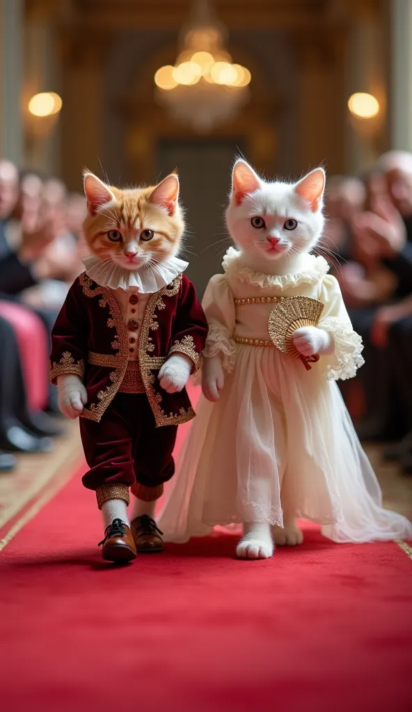 "Renaissance Revelry – Noble Fashion on the Red Carpet" 👑🎻
Two baby cats walk upright and forward, embodying Renaissance elegance on a modern runway.

Kitten 1 (Deep Burgundy): Wearing a richly embroidered doublet with velvet trousers and polished dress sh...