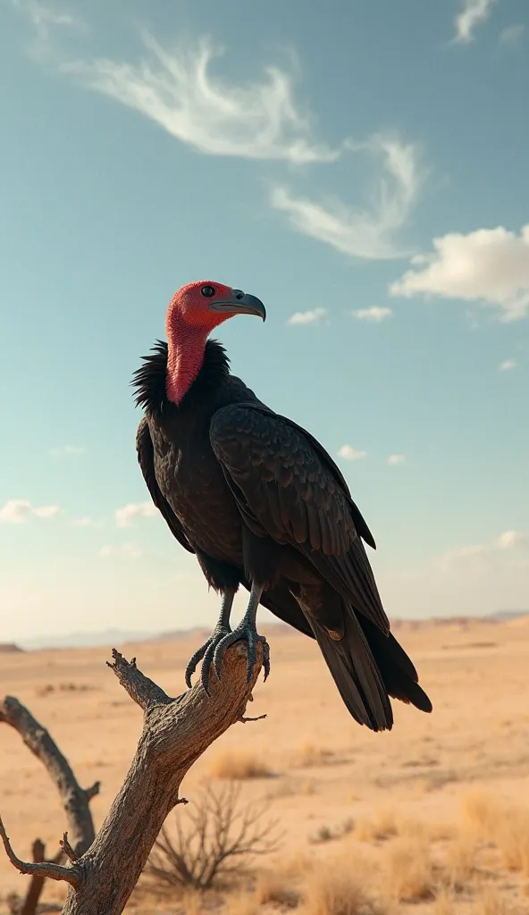 "A large vulture perched on the top of a dry branch in the middle of the vast desert. Its feathers were pitch black with a red bald head, its sharp eyes scanned the surroundings. The strong wind brought dust into the air, while the pale blue sky with wispy...