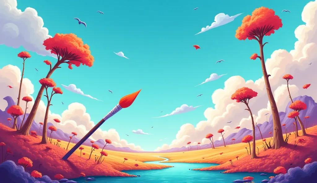 A surreal world where giant paintbrushes float through the air, painting the sky in different colors. The ground constantly shifts into bright, watercolor-like patterns. For cartoon video 