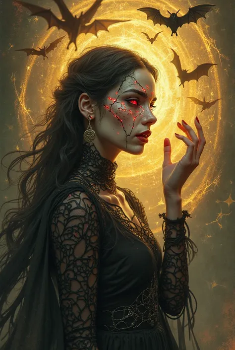 A vampiric sorceress, her face fragmented like stained glass, radiating golden light. She raises a hand, summoning spectral bats while her piercing red eyes hypnotize.