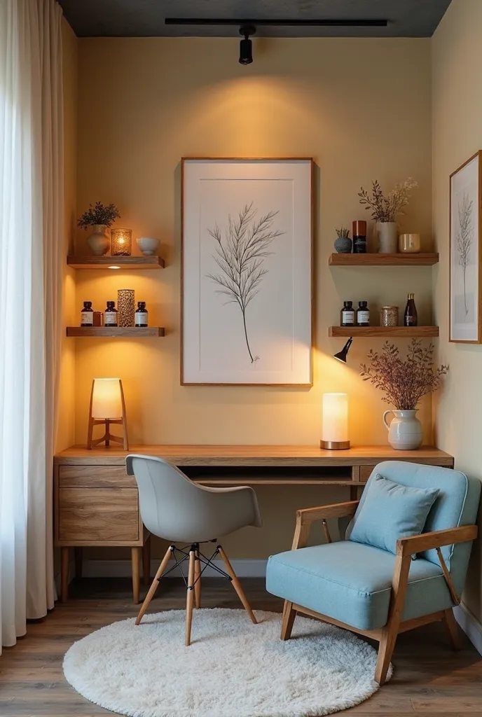 A cozy and minimalist aromatherapy consultation office in a commercial building. The space is designed for two people, with a welcoming and professional atmosphere. A sleek wooden desk with a comfortable chair for the practitioner and a cozy armchair for t...