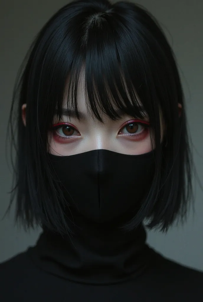 Japanese girl, , black shoulder-length hair, brown eyes, small nose, wears a black mask that covers the lower half of her face, red eyeliner under her eyes