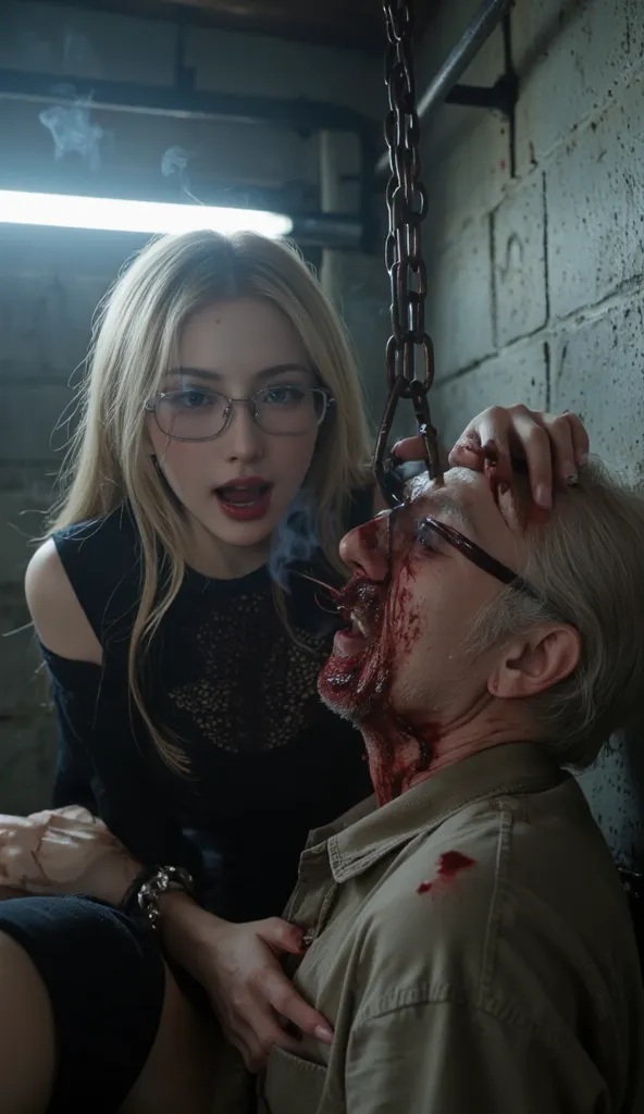 4k, ultra realistic, high quality, smile, open mouth, show teeth, blue eyes, eye glasses, glasses, long blonde hair, blood on the face, blood on the body, beauty pretty adult woman with very long sharp black fingernails torturing old man face and neck with...