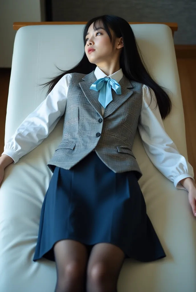 A beautiful young Japanese woman dead body. She is lying on a table on her back.  her legs are spread.
Her head tilts backwards, gazing somewhere, opens mouth a little, no emotion.She is wearing a neatly tailored gray checkered vest with a prominent check ...