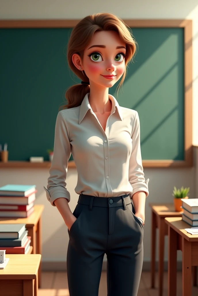 Tall thin white teacher with light brown hair with green eyes 