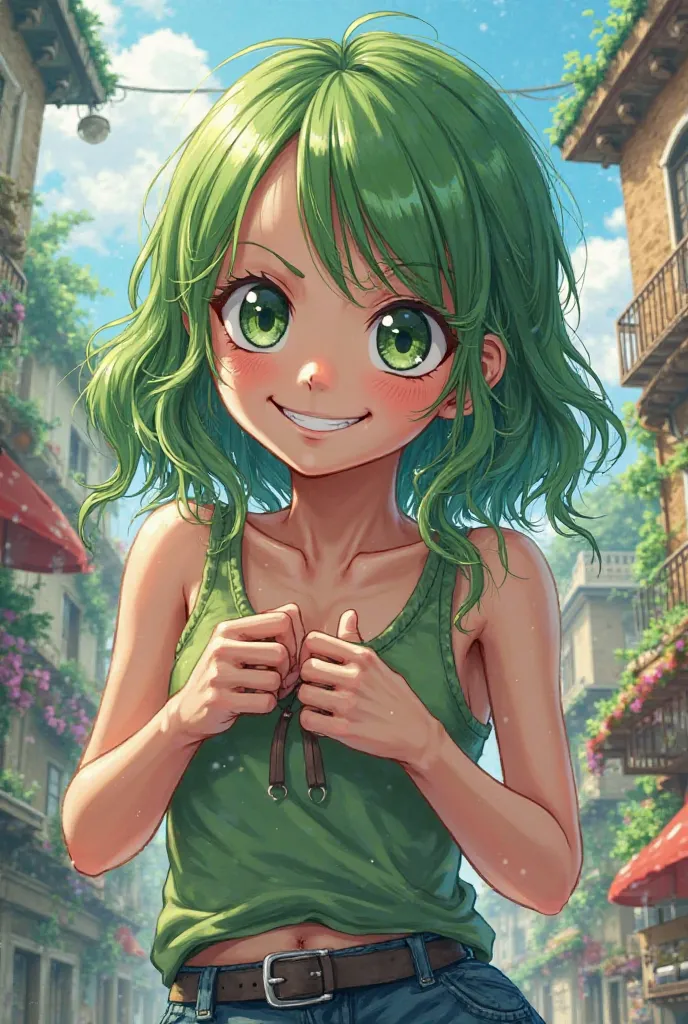 Green-haired girl in the traits of One Piece in anime