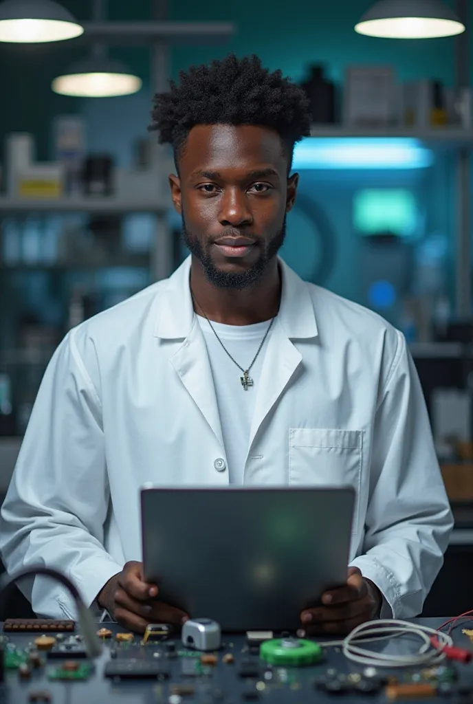 Un jeune Africain de 23 ans, arborant un dégradé à blanc parfaitement exécuté et des contours nets, pose avec assurance dans un laboratoire électronique. Sa coupe soignée met en valeur son regard perçant, renforçant l’aura de confiance qu’il dégage. Il por...