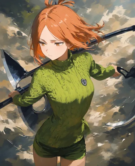  1girl , Konan Kirie,  world trigger,short hair with orange hair,Part of the back hair is sticking out、 green high neck sweater 、green shorts、 holding weapon, Hold a long, large axe with both hands, cowboy shot, depth of field, faux traditional media, pain...