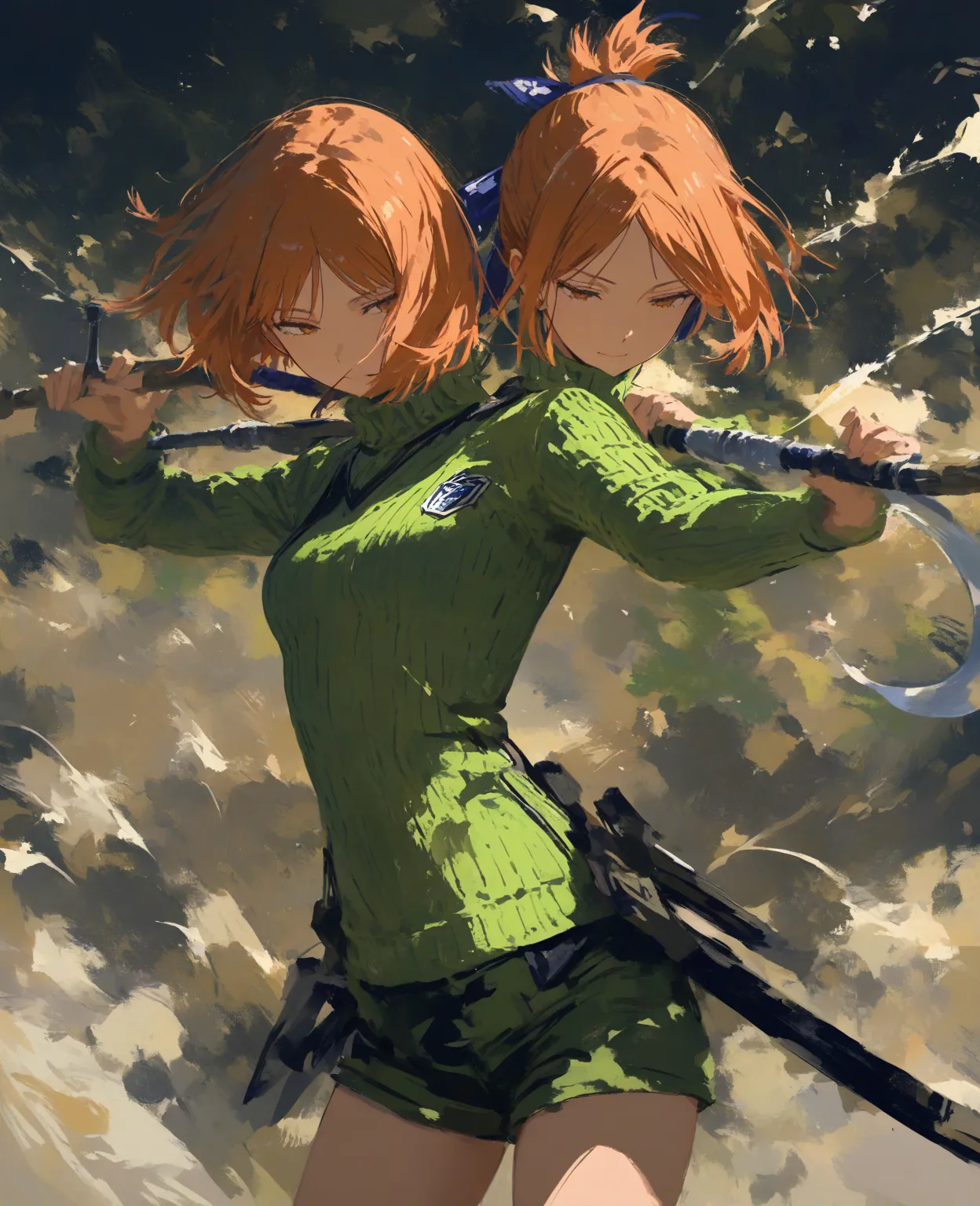  1girl , Konan Kirie,  world trigger,short hair with orange hair,Part of the back hair is sticking out、 green high neck sweater 、green shorts、 holding weapon, Hold a long, large axe with both hands, cowboy shot, depth of field, faux traditional media, pain...