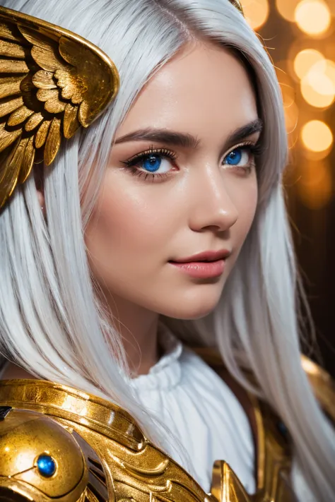  Masterpiece , Superior quality the angel Gabriel, huge shiny wings, blue eyes, golden armor , Scenario from the fantasy Celestial City , white hair, In the background the universe and 3 planets