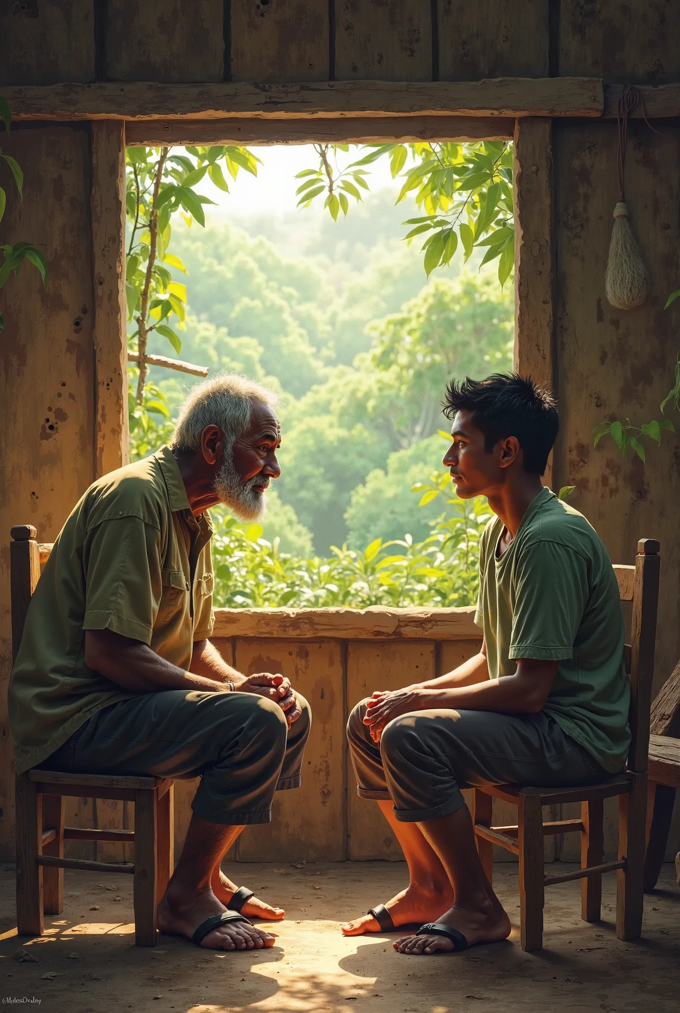 An old father talking to his son about marriage, native filipino who lives in provinces