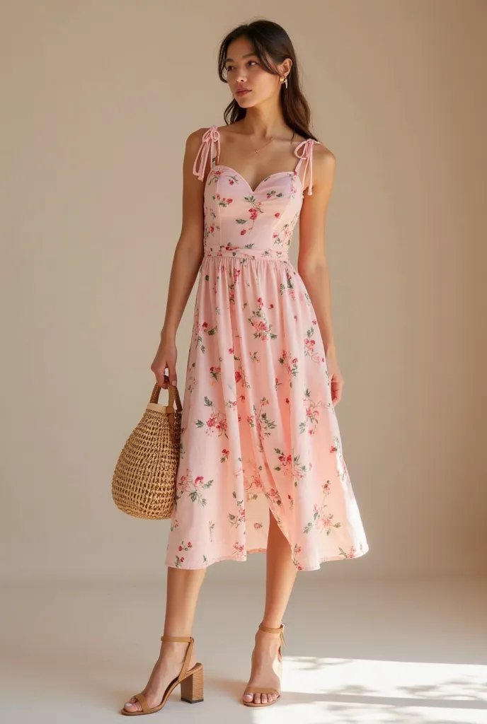 The dress in the photo is a pink midi dress with a delicate floral print. It has several striking features:

Color and Print: The fabric has a soft pink shade, almost pastel, with small red and green flowers scattered throughout the piece, creating a roman...