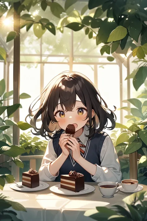  1girl ,Magic School,high school girl,greenhouse,accessories,(Best Quality),after school,sunlight filtering through the trees,chocolateレートケーキ,chocolate,fork,cocoa,window,cute,plant,round face,