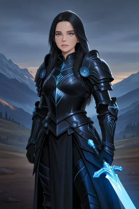 female warrior, With black hair and black armor with shades of blue, Realistic