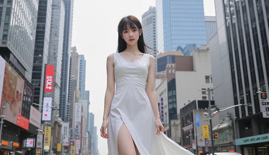 A Japanese woman in a slit skirt in a high-rise building district