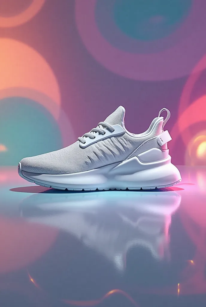 "Generate a high-quality product photo of a single modern athletic shoe (clean design, neutral tones like white/gray) placed centrally. The background should feature a vibrant, abstract mix of blended colors (e.g., gradients of purple, teal, and orange) wi...