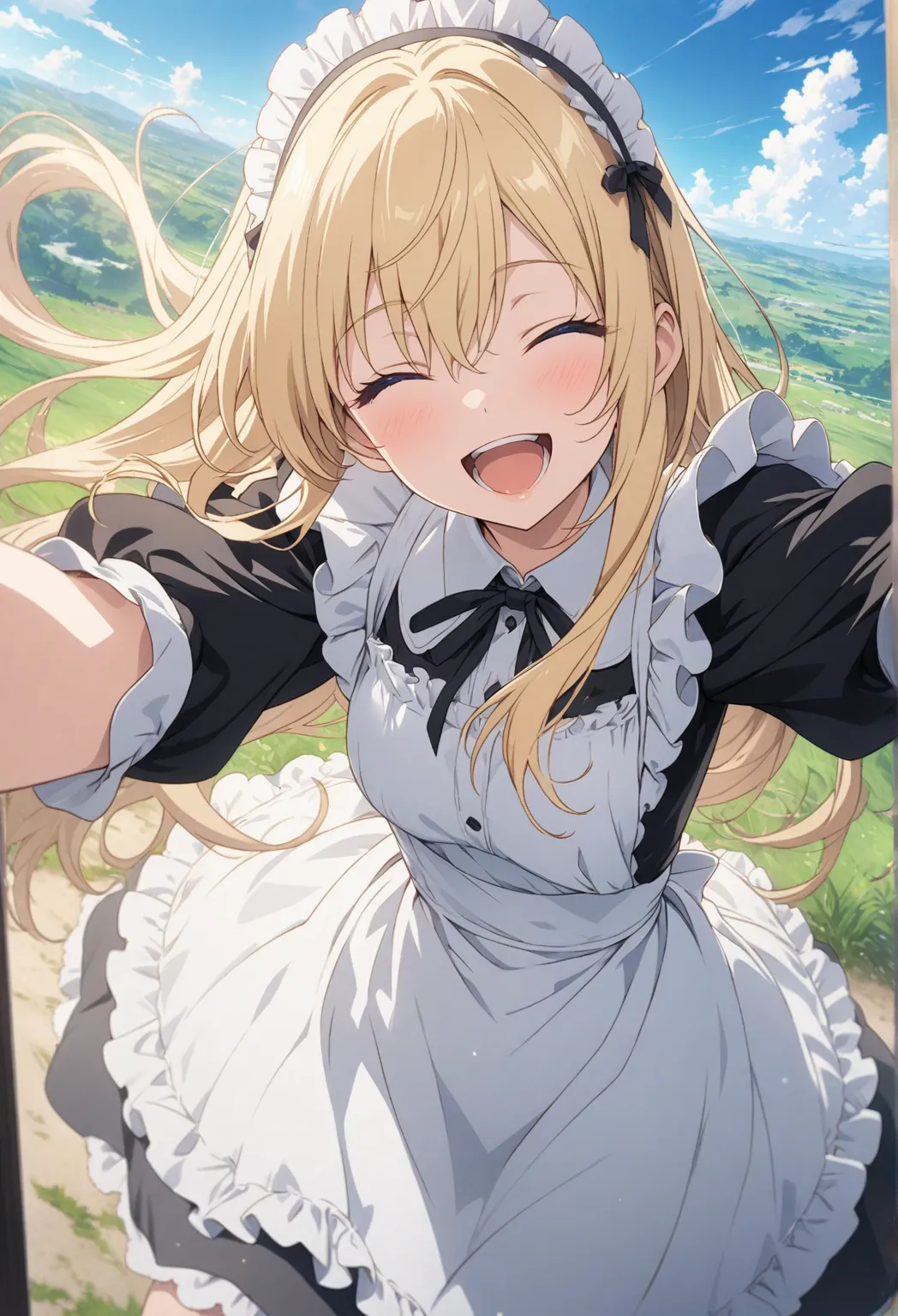 masterpiece, Best Quality, Highly Detailed CG Unity 8k Wallpaper, blue sky, 20 year old girl anime illustration. Attractive Poses、Close your eyes、opening your mouth, smile.  The background is a pastel-colored landscape,  Blonde Color ,LONG HAIR、hair flutte...