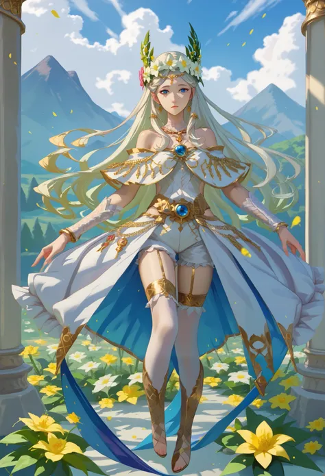 Score_9, Score_8_up, Score_7_up, . A female character with long white hair and a flower crown. She wears a luxurious outfit decorated with white and gold, a long skirt, decorated shorts, and knee-high boots. She is young and fair-skinned. She has a calm ex...