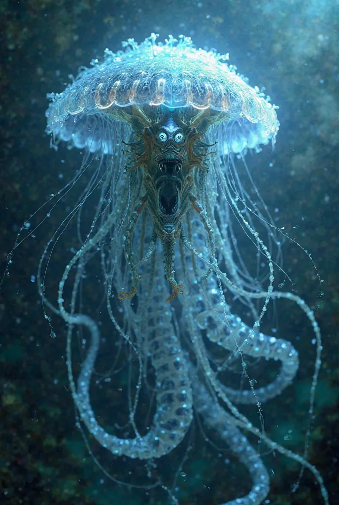 Create an image of jellyfish, the glowing Gorgon, full of anger, blue eyes, detailing stripes. 