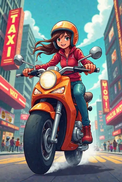 black cartoon delivery girl on bike with name TAXI MOTO