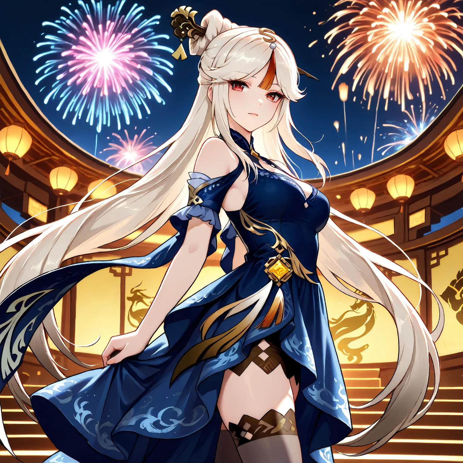 ningguang (genshin impact), long hair, white hair, hair ornament, red eyes, parted bangs, Black stockings, tassel, very long hair, Fireworks in the background, stands back to the viewer, sidelocks, hair stick, hairpin, Beautiful blue evening dress with a g...