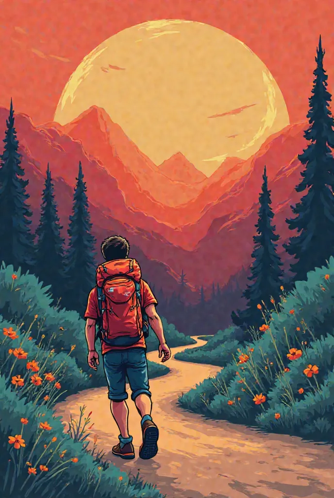 Illustration of a red T-shirt with on the bottom left an animated representation of a guy being on a road with a camping bag on his back