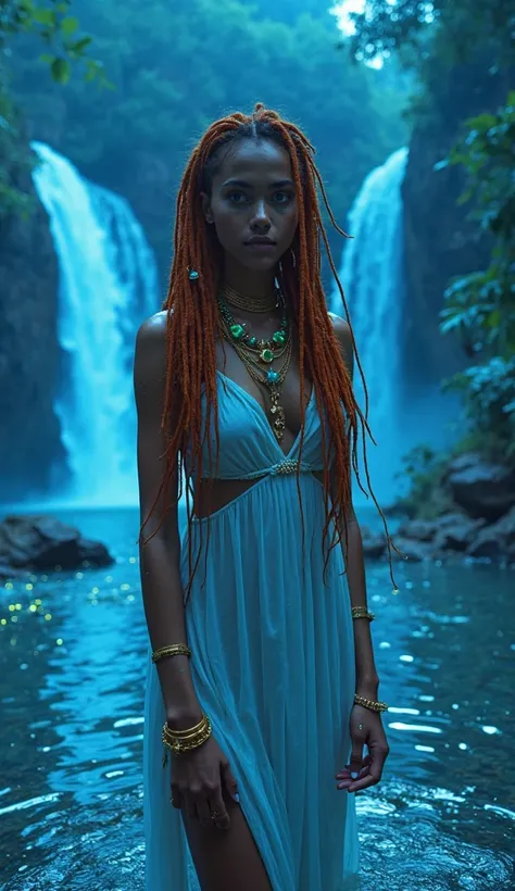 ((Masterpiece)), ((Ultra-detailed)), (High resolution 8K, RAW)), A mesmerizing young woman, 24 years old, with long, fiery copper-red dreadlocks cascading over her shoulders, adorned with delicate golden rings and glowing blue beads that reflect the surrea...