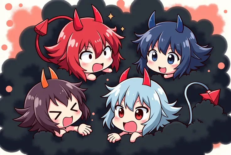 An anime-style illustration depicting many devil-girls playfully wrestling with each other inside a black comical fight cloud.
each devil-girl has different colored hair.
their faces,hands,and feet are visible emerging from the cloud as they tussle humorou...