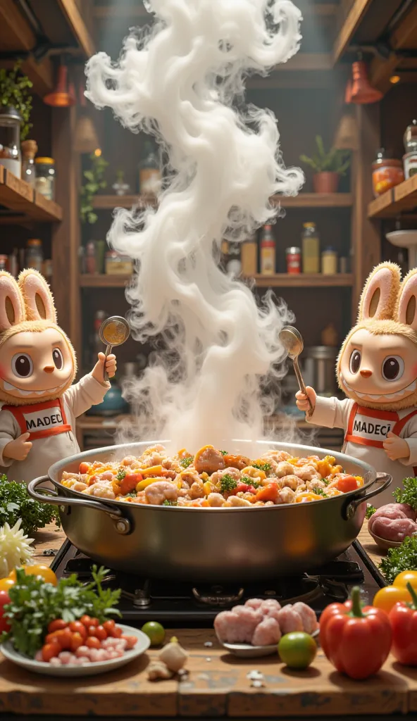 A group of three Labubu characters wearing matching chef uniforms with "MADECI" printed on their shirts. They are cooking a giant meal in a huge boiling pot, surrounded by fresh vegetables and meat. The steam rises as they stir with oversized ladles. The k...