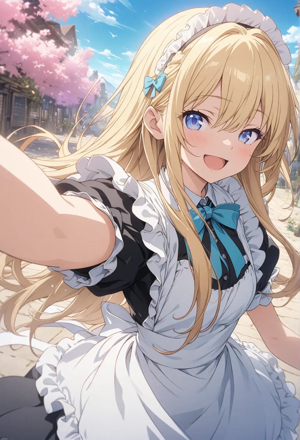 masterpiece, Best Quality, Highly Detailed CG Unity 8k Wallpaper, blue sky, 20 year old girl anime illustration. Attractive Poses、Close your eyes、opening your mouth, smile.  The background is a pastel-colored landscape,  Blonde Color ,LONG HAIR、hair flutte...