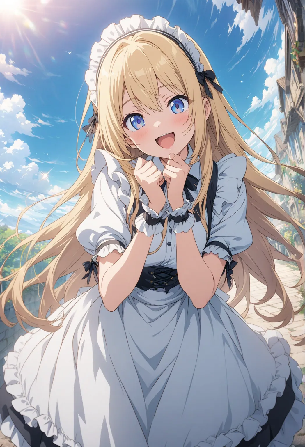 masterpiece, Best Quality, Highly Detailed CG Unity 8k Wallpaper, blue sky, 20 year old girl anime illustration. Attractive Poses、Close your eyes、opening your mouth, smile.  The background is a pastel-colored landscape,  Blonde Color ,LONG HAIR、hair flutte...