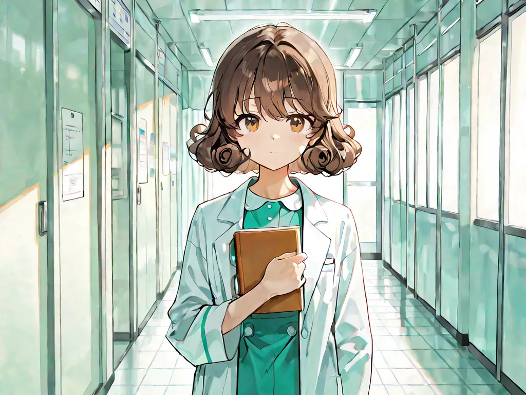 nurse with long curly brown hair, with brown eyes, walking down the corridor of a hospital holding a book in his hands