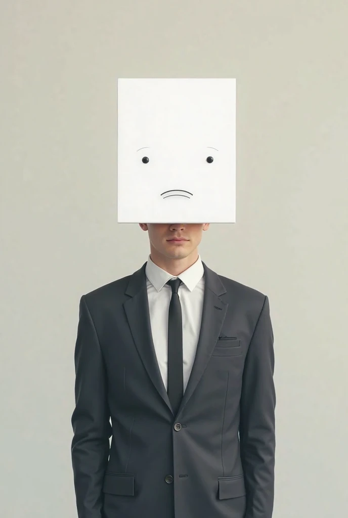 A man with a square, white, funny 2D head in a suit.