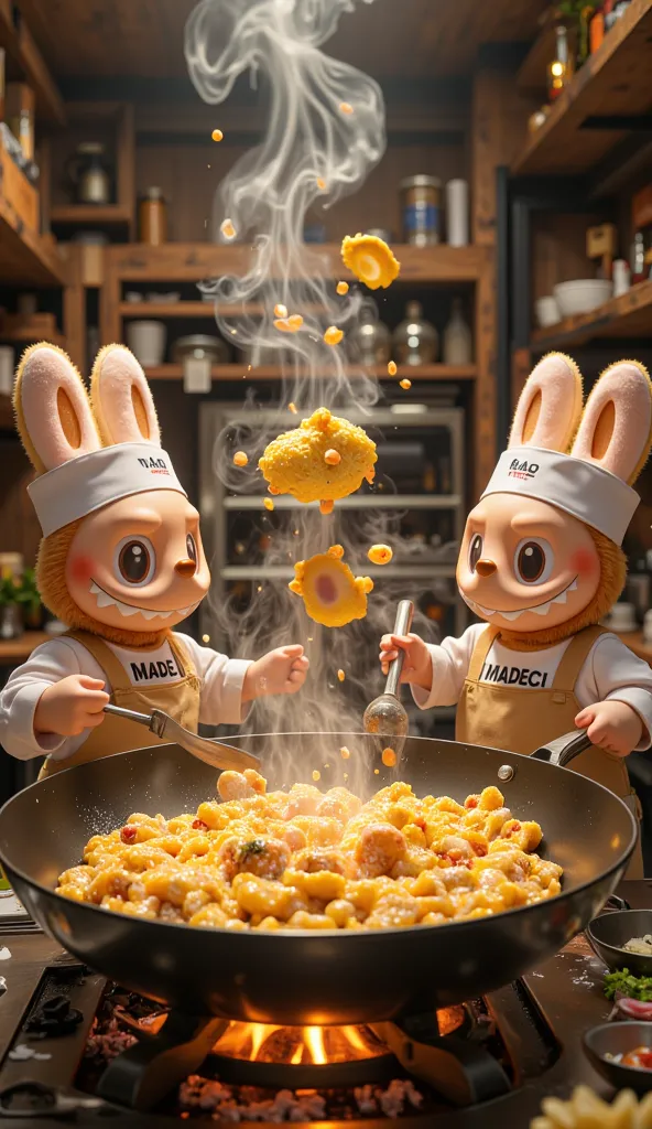 Labubu chefs excitedly stirring a giant wok filled with sizzling ingredients. The flames beneath the pan create a vibrant glow, reflecting off their shiny cooking tools. One Labubu flips a large omelet, while another sprinkles seasoning with a confident sm...