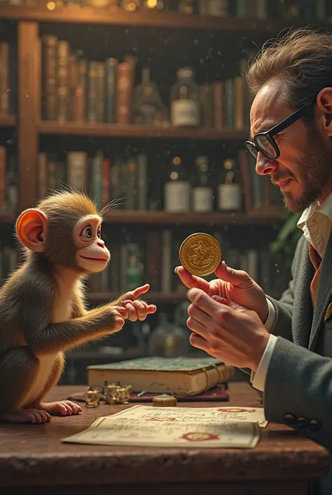 : Monkey holding counterfeit coin, exchange scene with researcher.