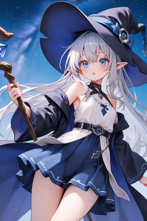 girls、 beauty、大 magic 使い、大きな magic 使いの杖を持ってる、 Witch、I'm wearing a big pointy hat、 hair is long、 Silver Hair、 blue eyes、I'm wearing white and blue clothes、skirt、 magic 、Elf、another world、水 magic 、starry sky、Mysterious、beautiful、Wearing a robe、Golden Staff