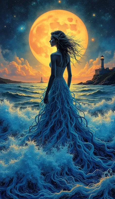  Exellent Abstract :: a beautiful woman with a dress made from the sky alcohol ink art of majestic oceanscape with cresting bioluminescent waves, an epic lighthouse in the distance, sundown sunlight glinting off of the waves intricately detailed, against a...