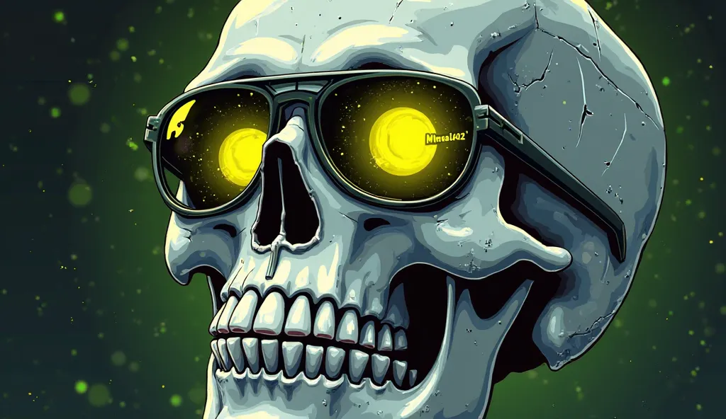 A skull with cyberpunk artificial intelligence elements: skull surface is smooth, silver-gray glow with minor scratches and metallic sheen, slightly powdered with green digital noise (pixel dots measuring 1 pixel). The eyes of the skull are two bright yell...