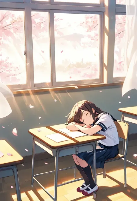 1 Girl，Window scenery，sleep，table，breeze，petal，chin,classroom,sitting on chair, serafuku, uwabaki,cinematic angle ,sunlight,masterpiece,god rays,, comic dialogue