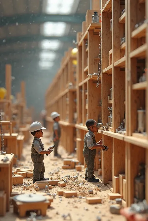 :
"Miniature carpenters assembling giant wooden pieces into kitchen units. The scene includes tiny hammers, drills, and screws, with a lively factory background."
