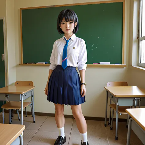 young ager  japanese female school student white shirt and dark blue skirt  with bob with bangs black hair, legs and black shoes. wears a black wrist bands and blue tie. 
