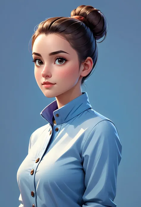 
young woman with hair tied back in a neat bun, wearing long-sleeve button-up shirt, casual modern jacket over the shirt, high collar covering neck, digital paint look, painting 3D, casual game style, front light lighting, solid background portrait