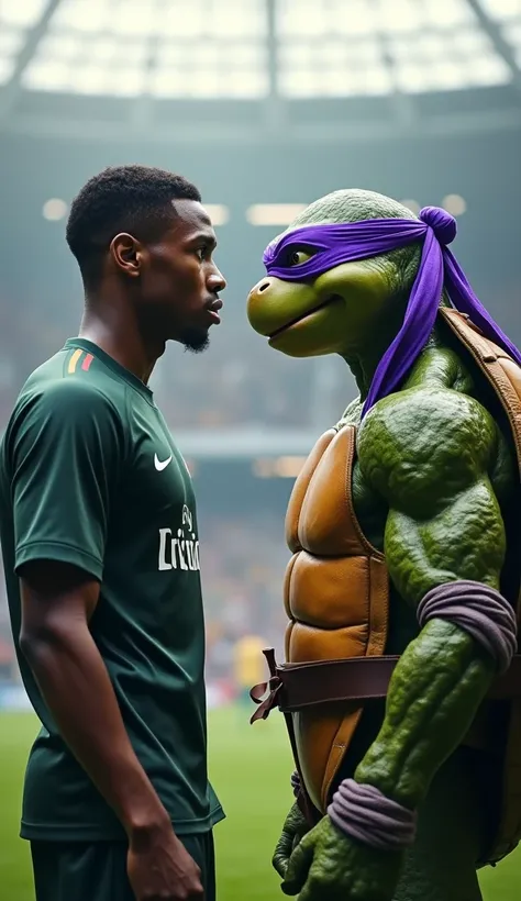 Visualize a dynamic scene where Kylian Mbappé stands face-to-face with Donatello from the age Mutant Ninja Turtles. Mbappé, dressed in his sleek football attire, exudes athleticism and confidence, while Donatello, with his signature purple mask and bo staf...