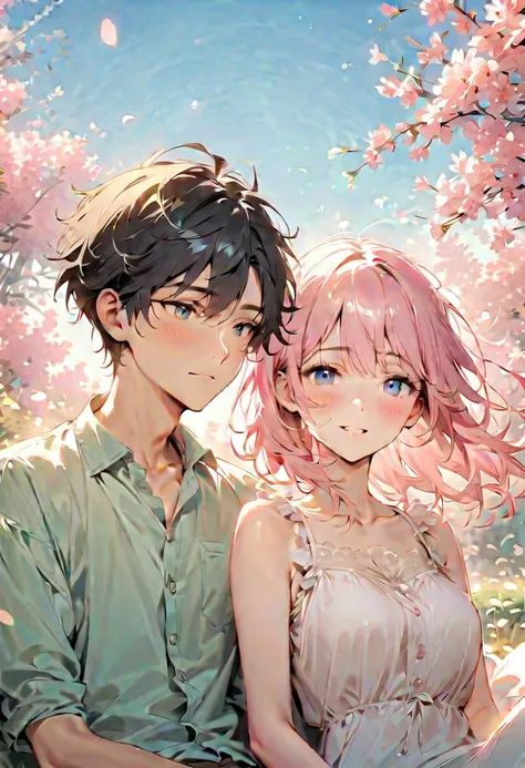  upper body close-up （((masterpiece), On)""It's a peaceful spring day with cherry blossom petals falling gently, A young couple is sitting close to each other, They exchange gentle smiles. men wear casual shirts, women wear pastel-colored dresses. A gentle...